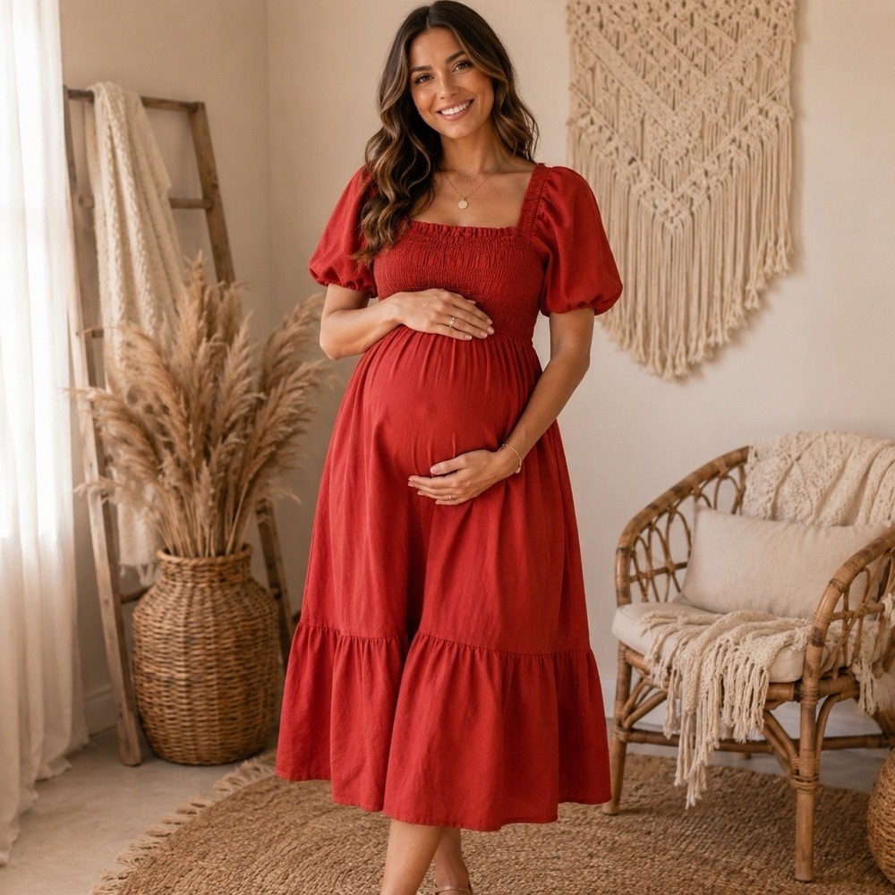 Isabel Maternity Dress S Smocked Burnt Orange Cottagecore Boho Baby Shower Dress